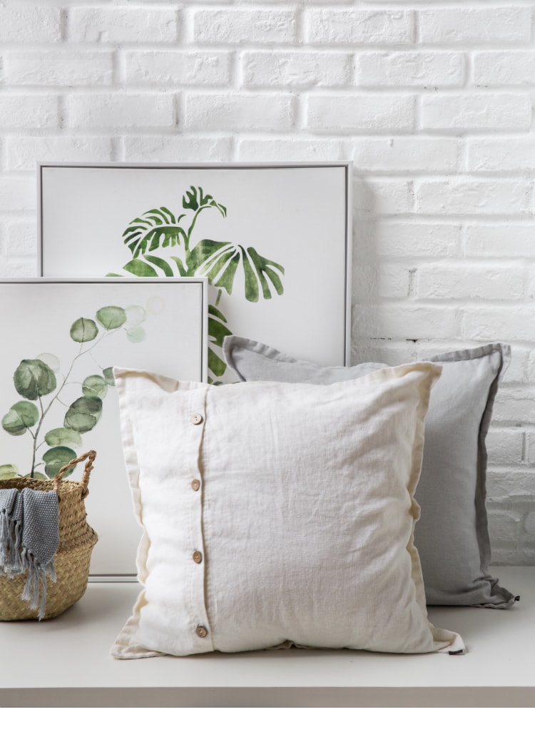 述物椰壳扣亚麻抱枕靠垫家用沙发客厅简约北欧靠枕床头抱枕套-米白