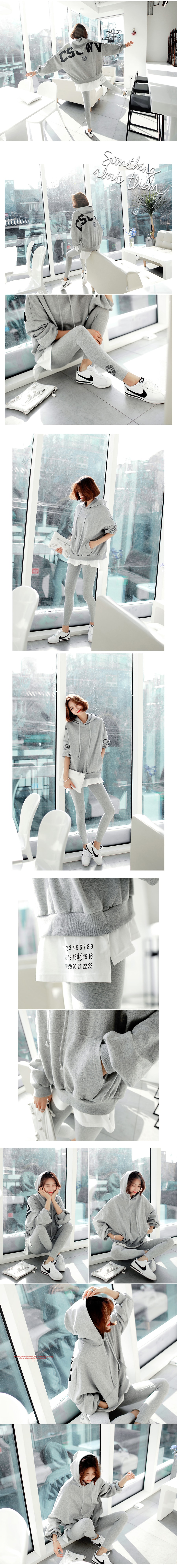 KOREA [Free Shipping] Layered Hoodie and Leggings #Grey 2 pieces One Size(Free)