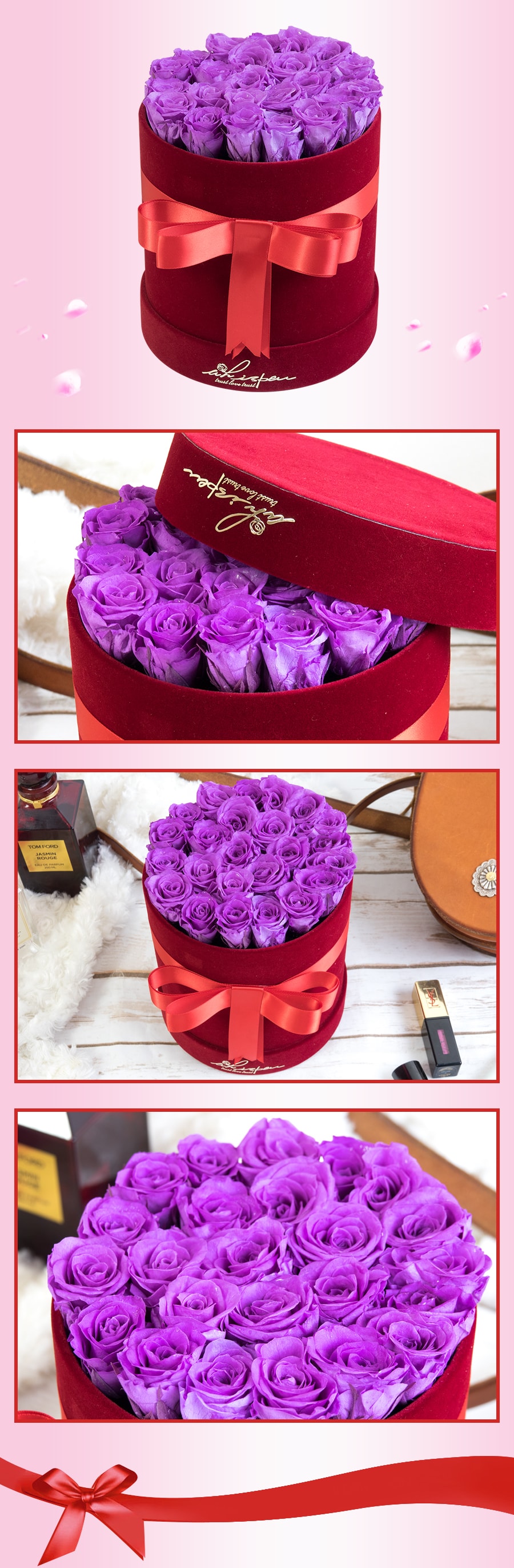 whisper bouquet preserved roses Red wine round box (fuchsia roses)