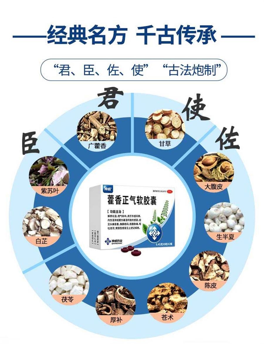 【中国直邮】 神威 藿香正气软胶囊 防暑中暑腹泻晕车无酒精非太极水口服液16粒/盒