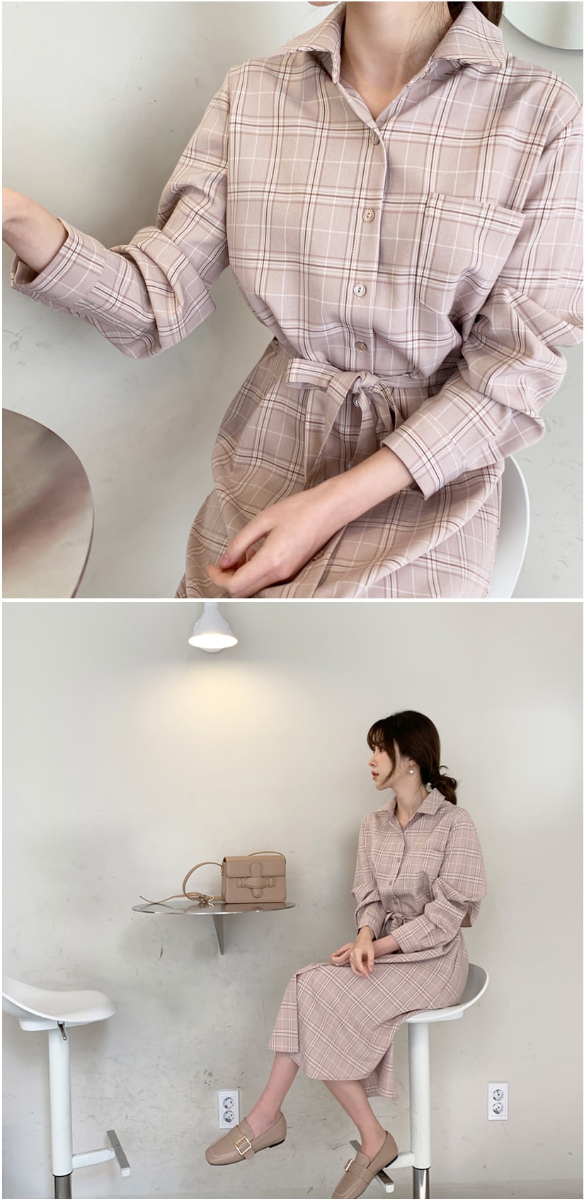 【韩国直邮】MIMIDIDI 格纹图案衬衫连衣裙 粉色 均码
