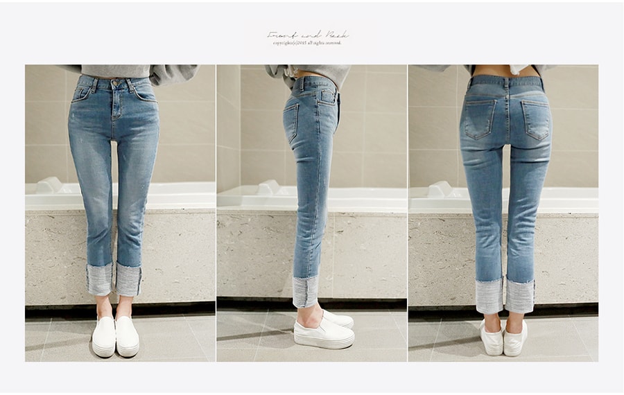 KOREA Roll Up Jeans #Light Blue S(25-26) [Free Shipping]