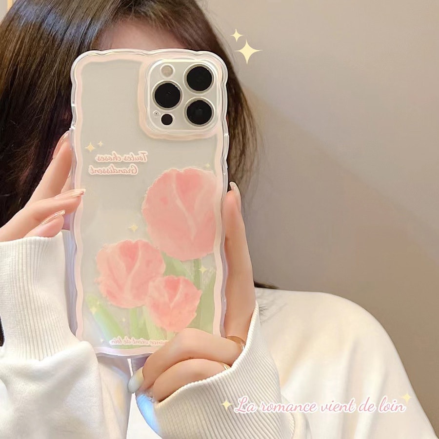 欣月 蘋果矽膠手機殼 相機孔加高保護側邊按鍵獨立設計保護套 Iphone13 Pro Max 透明粉紅荷蘭花