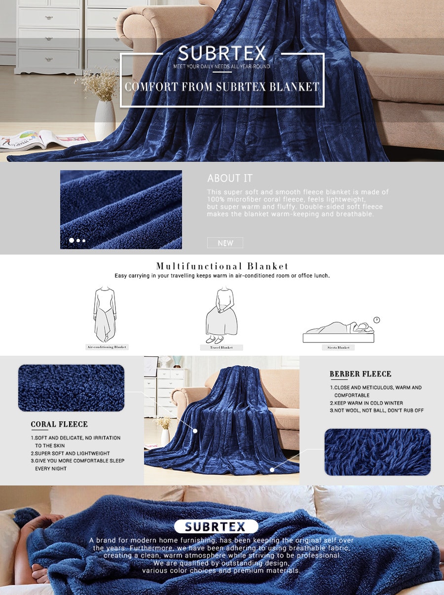 Coral Fleece Bed Seasons Soft Sleeping Blanket Air Conditioning Navy King(90”x108”)
