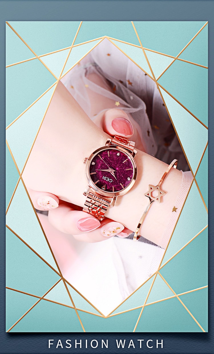 中國 歌迪GEDI 星空女錶網紅爆款 時尚女生高顏值百搭女錶 玫瑰金殼紫盤