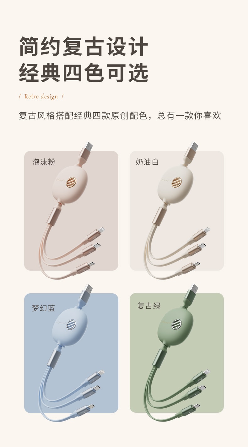 【中國直郵】冇心手機三合一數據線快充適用於iphone 安卓全系列 夢幻藍