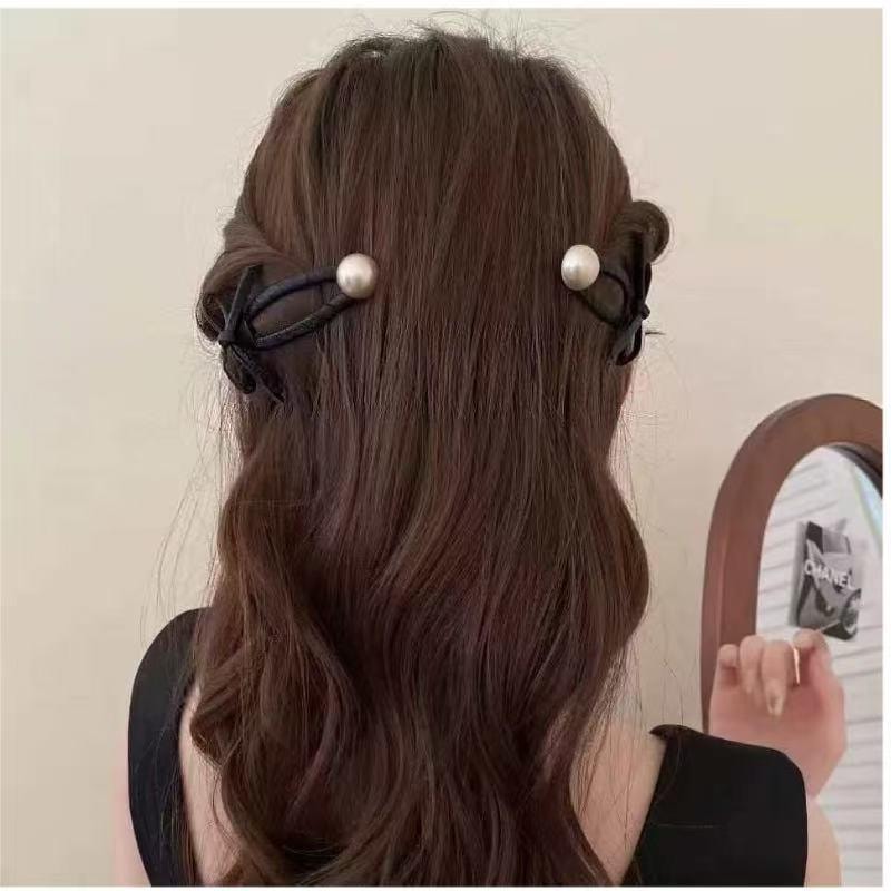 甄选好物 韩系皮质蝴蝶结珍珠BB夹时尚高级感气质刘海夹边夹 2个