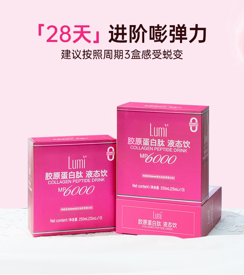 中國Lumi 6000mg膠原蛋白勝肽液態飲+100mg彈性蛋白勝肽 提拉抗老 重塑嘭彈少女肌 25ml*3支入 新包裝