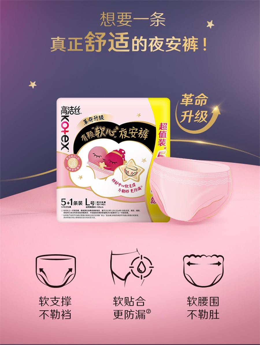 美国 高洁丝 超薄甜睡夜安裤 安睡裤 夜用内裤 裤型卫生巾 贴体防漏透气 L号*5+1片/2袋