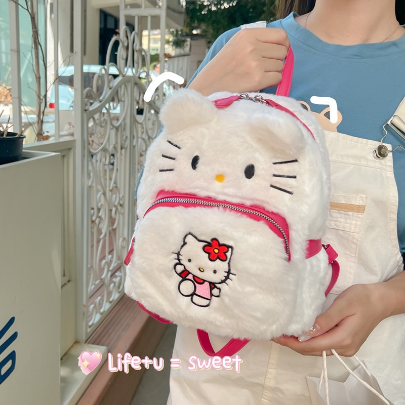 Sanrio 三麗鷗 日系毛絨雙肩包可愛雙肩包 逛街甜美少女毛茸茸-凱蒂貓 Hello Kitty1個