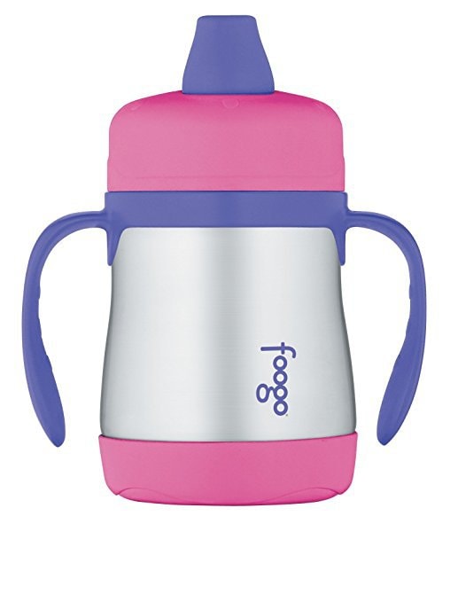 FOOGO Vacuum Insulated Stainless Steel 7-Ounce Soft Spout Sippy Cup with Handles Pink/Purple