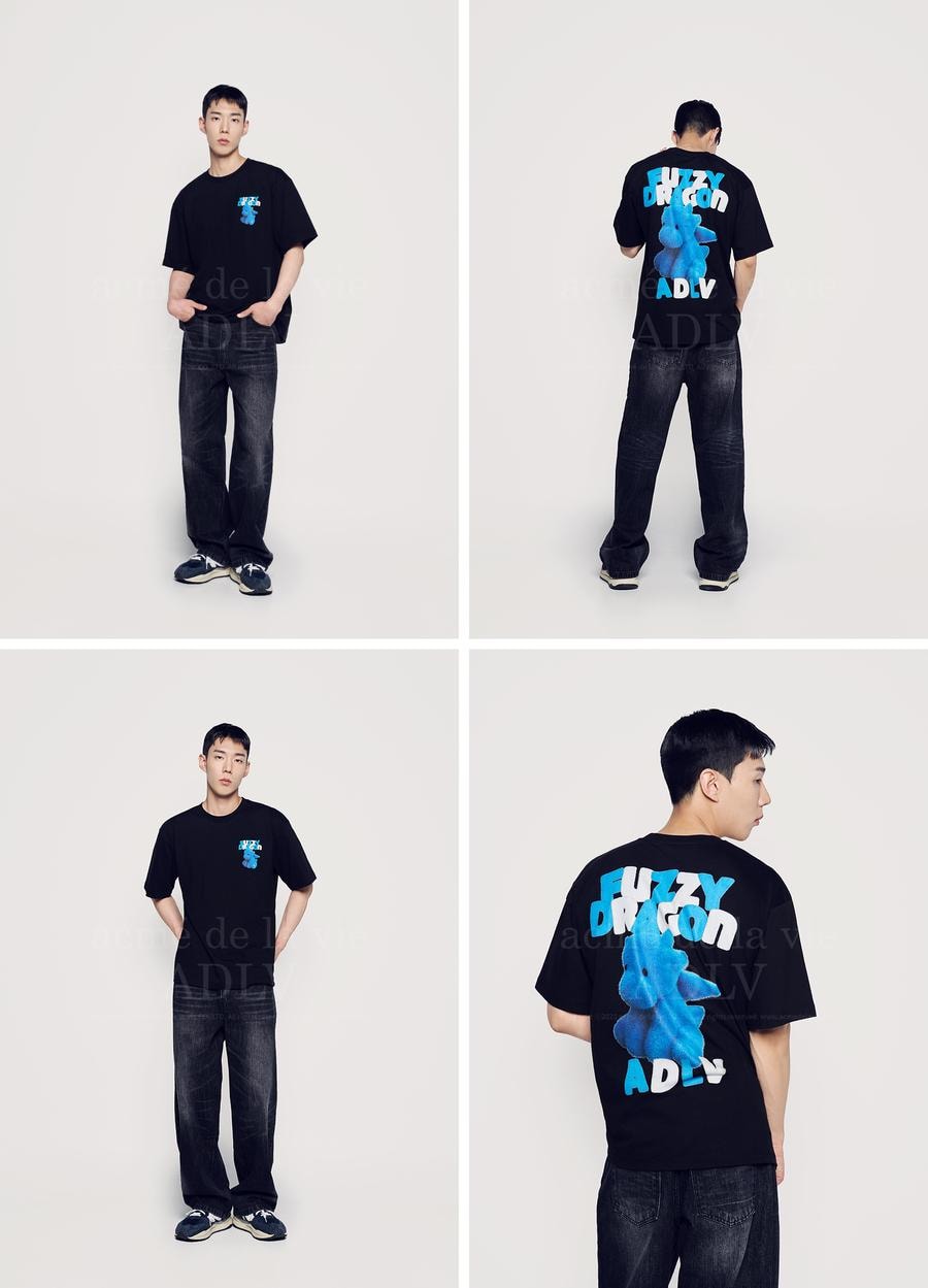 【韓國直郵】 韓國 acmé de la vie ADLV 毛絨字體龍短袖T卹 黑色 1