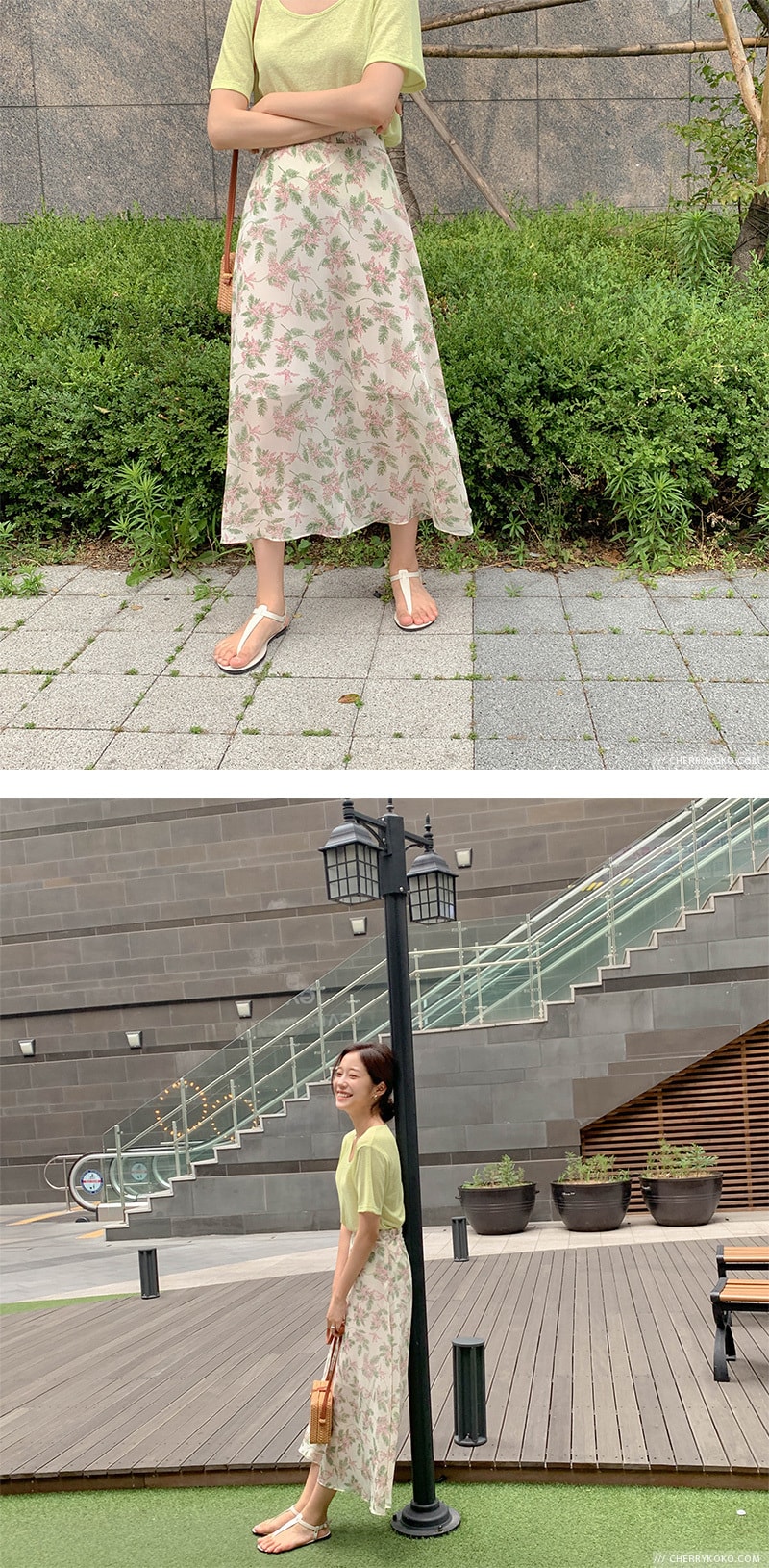 【韩国直邮】CHERRYKOKO 夏季高腰舒适百搭碎花长裙 象牙色 均码