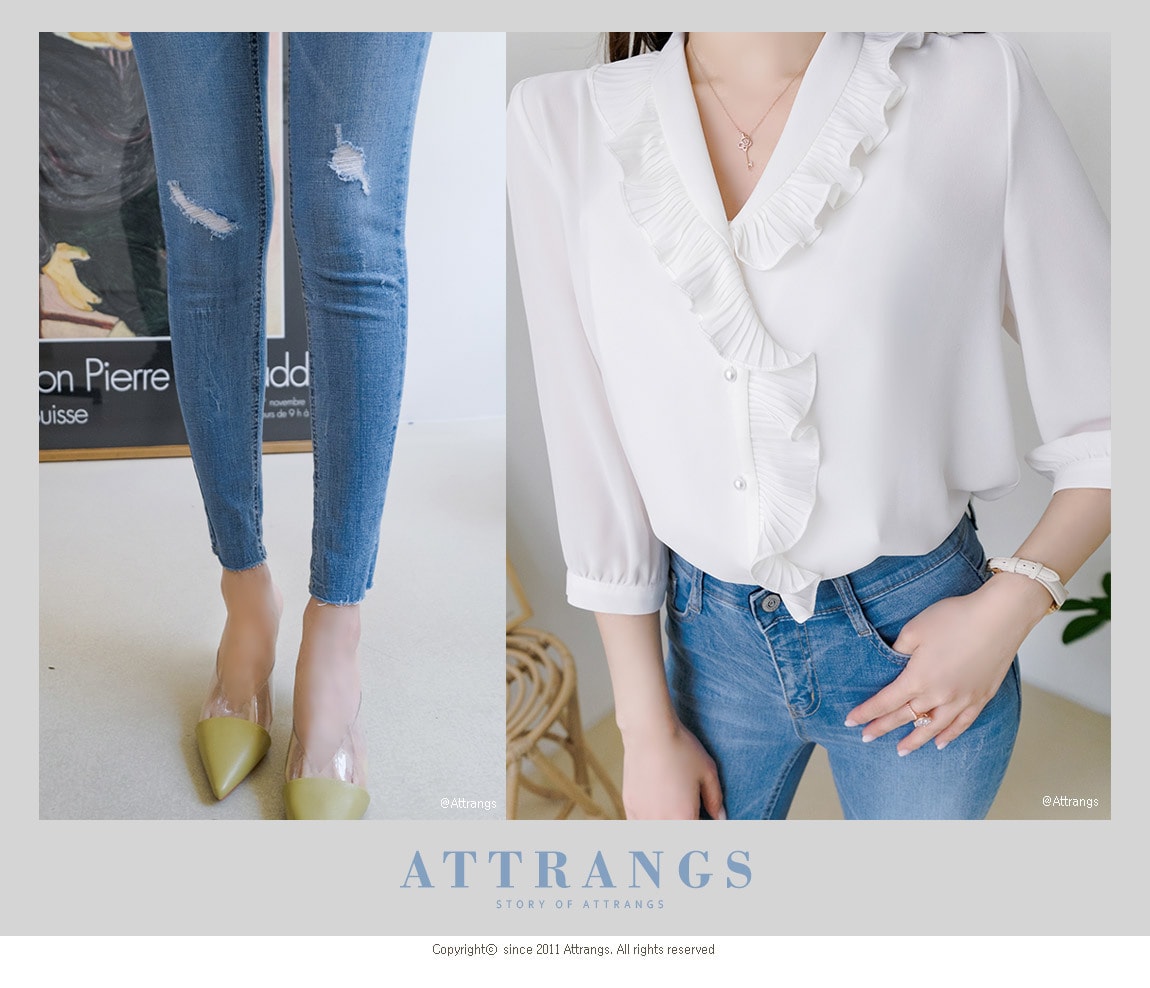 【韩国直邮】ATTRANGS 不对称荷叶领纯色五分袖薄款清凉衬衫 乳白色 均码