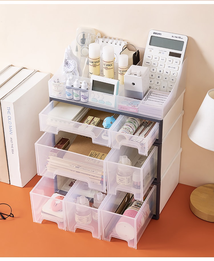 药品 化妆品 文具收纳盒 ROSELIFE 可拆卸 自由组合  4层收纳盒 [TEAC] 两低一高6抽屉  5插槽桌面整理盒 透明