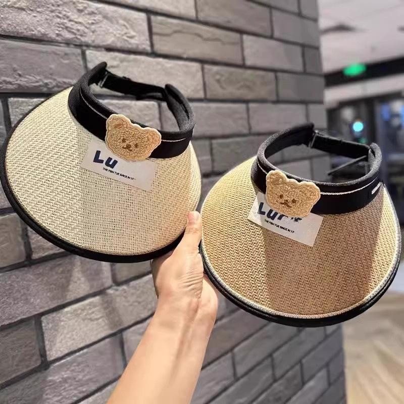 【中國直郵】 親太太 兒童帽夏季小熊草編太陽帽大簷防紫外線遮陽帽 米色均碼 1個