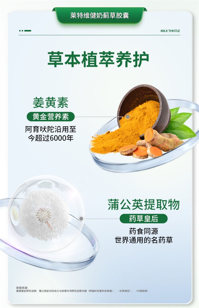 【中國直郵】 萊特維健 水飛薊奶薊草膠囊90粒/盒 薑黃素護熬夜肝片應酬