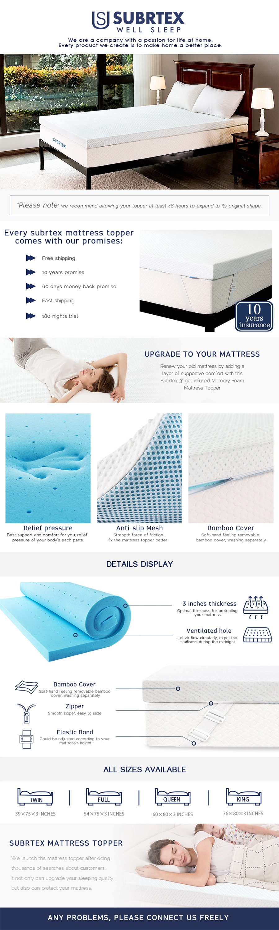 3 inches Gel-Infused Memory Foam Bed Mattress Topper Cover Full 1 28 Ibs