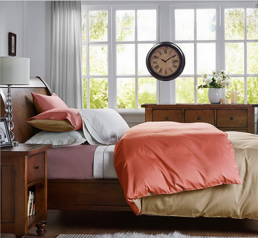 J.F.AMIEE 纯棉埃及棉800根高档长绒棉 正反两色被套三件套 被套枕套 玫瑰红/卡其 Queen/King