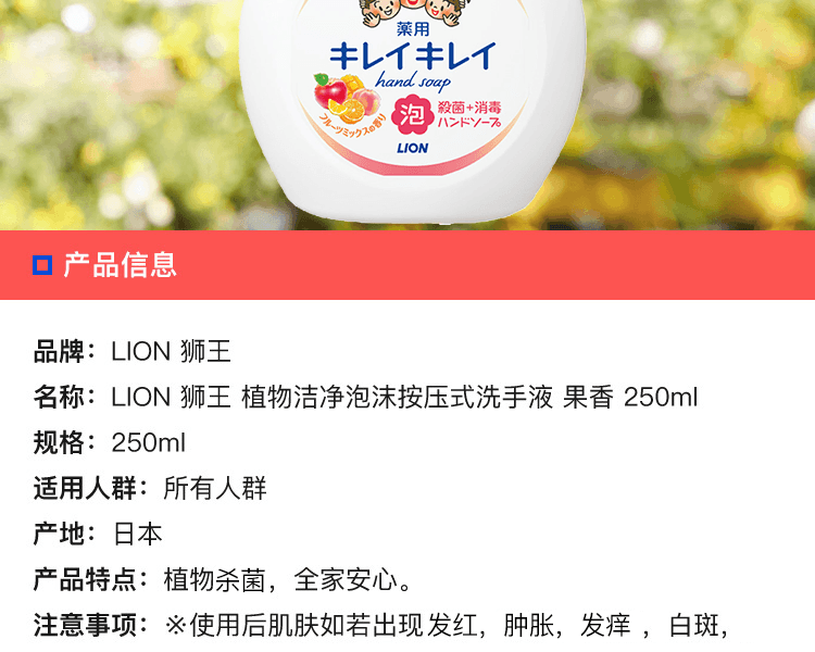 LION 獅王||植物潔淨泡沫按壓式洗手液 果香||250ml