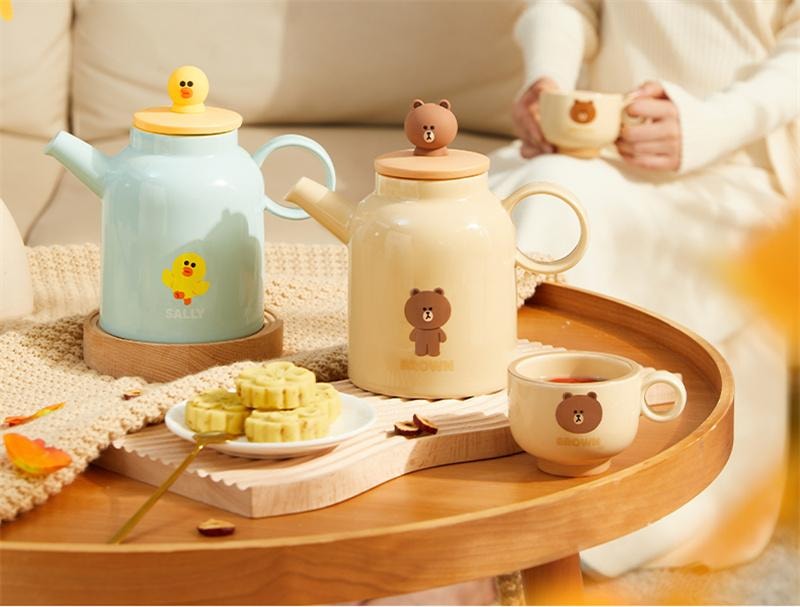 【中国直邮】 日本 LINE FRIENDS 冷水壶杯子陶瓷凉水壶水杯耐热高温  BROWN款 三件套