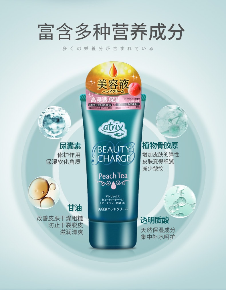 【日本直邮】 日本 KAO花王 Atrix 高保湿高浸透侬润保湿护手霜 蜜桃味 80g