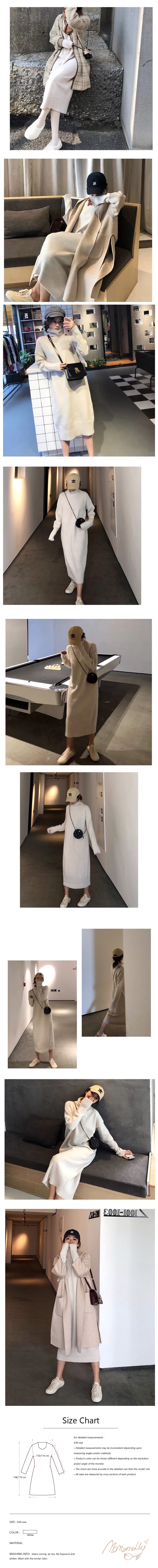 MOMO&MOLLY 新款韩版显瘦长袖高领堆堆领灰白针织连衣裙 灰白色 小码