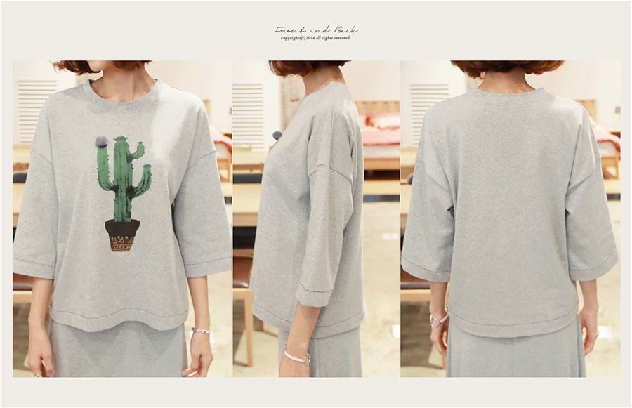 KOREA Cactus Printed Kimono Sleeve T-shirt #Grey One Size(S-M) [Free Shipping]