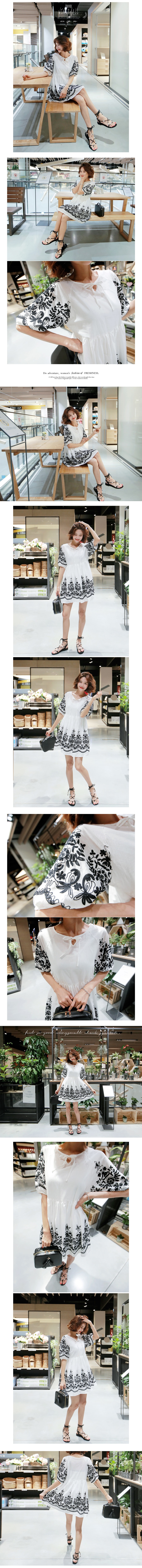 [KOREA] Floral-Embroidered Flare Mini Dress #White One Size(S-M) [Free Shipping]