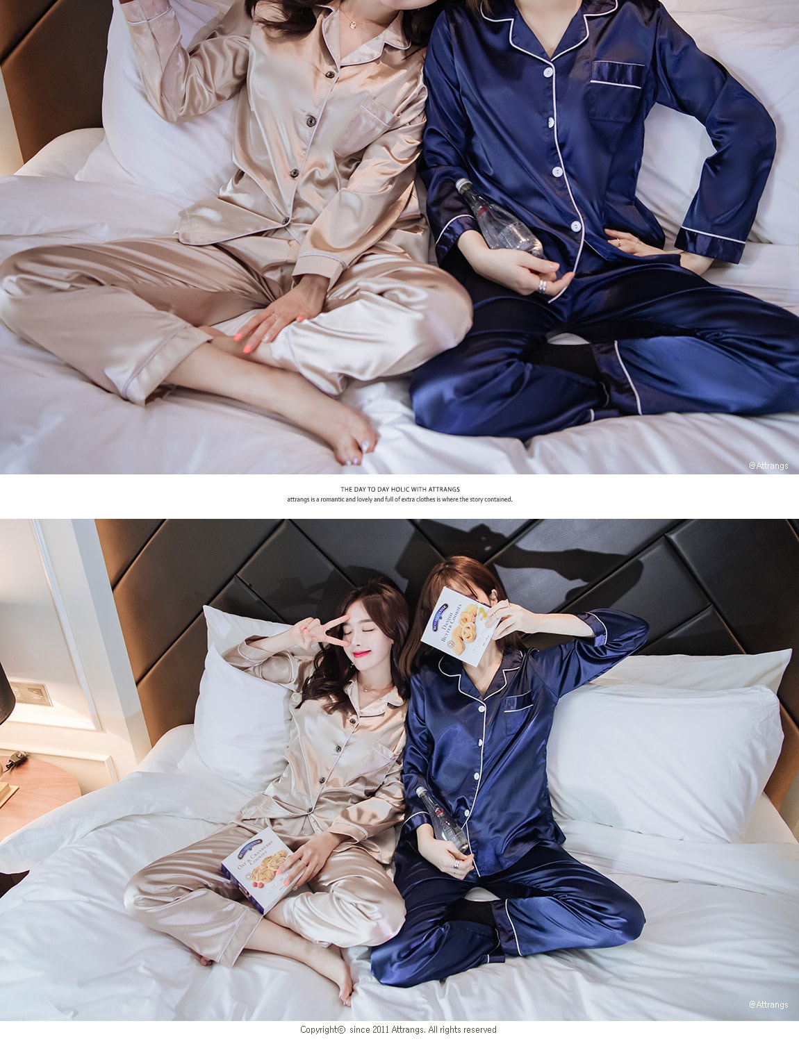 【韩国直邮】ATTRANGS 光泽感丝滑睡衣套装 深蓝色 均码