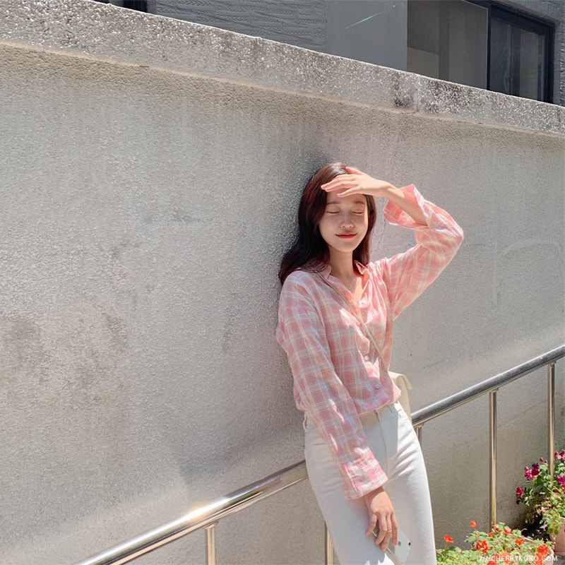 【韩国直邮】CHERRYKOKO 甜心少女舒适格纹防晒衬衫 粉色 均码