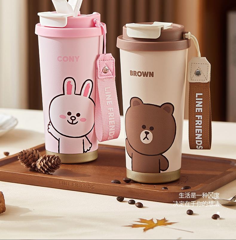 【中国直邮】日本 LINE FRIENDS 布朗熊新款保温杯316不锈钢大容量吸管杯高颜值儿童保温双饮水杯   500ml
