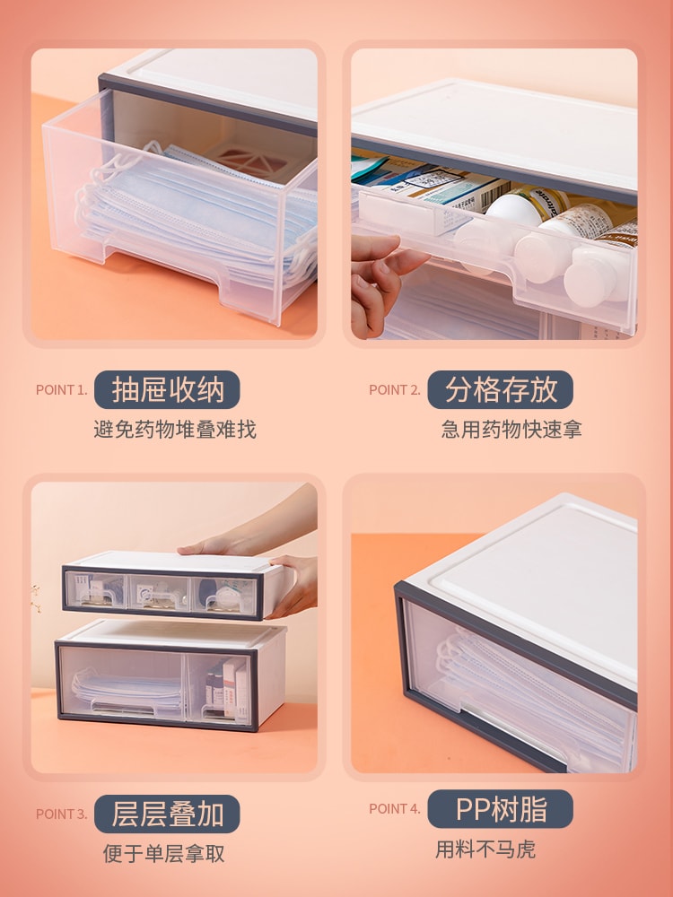 药品 化妆品 文具收纳盒 ROSELIFE 可拆卸 自由组合  4层收纳盒 [TDAC] 两低一高5抽屉  5插槽桌面整理盒 透明