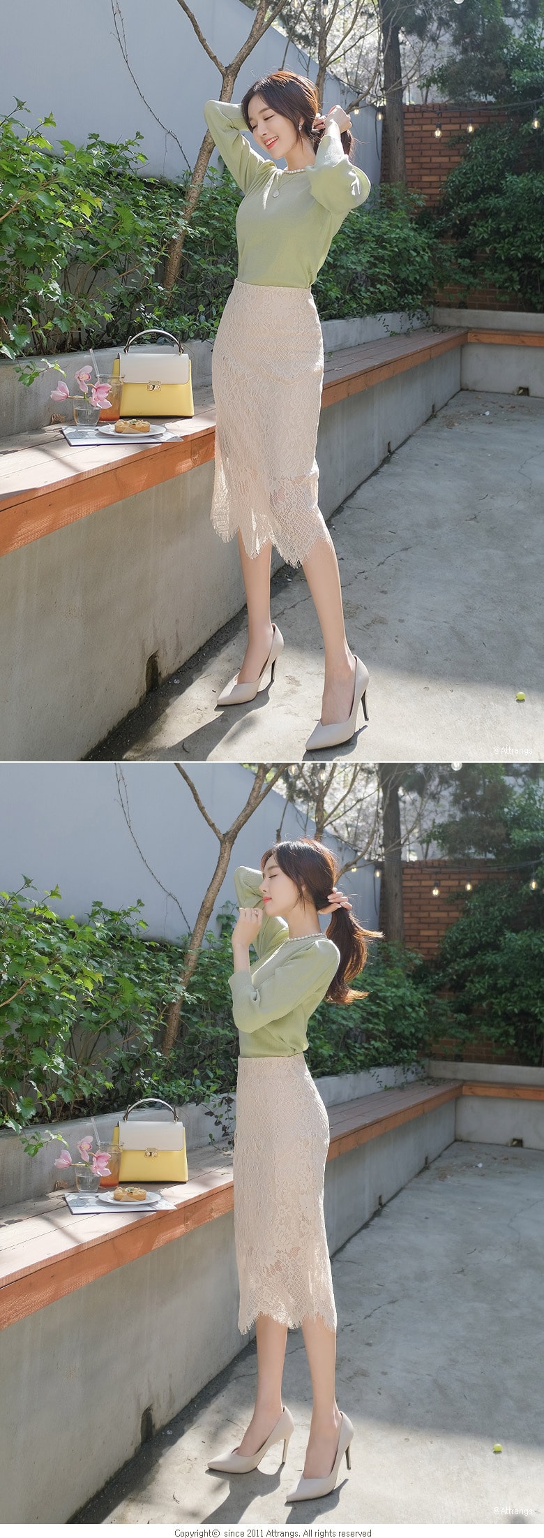 【韩国直邮】ATTRANGS 高腰修身蕾丝气质长裙 米色 S