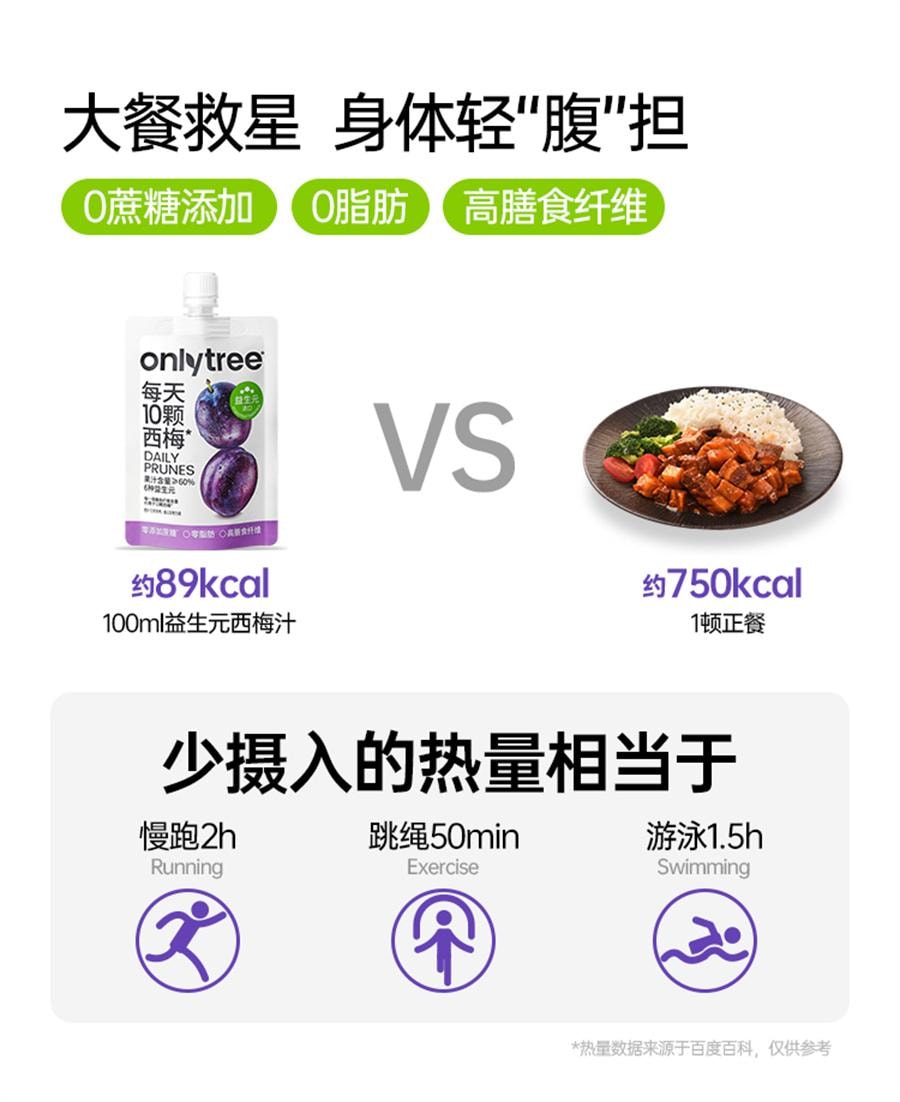 【中國直郵】 onlytree 益生元西梅汁大餐救星NFC濃縮純果汁飲料 100ml/袋