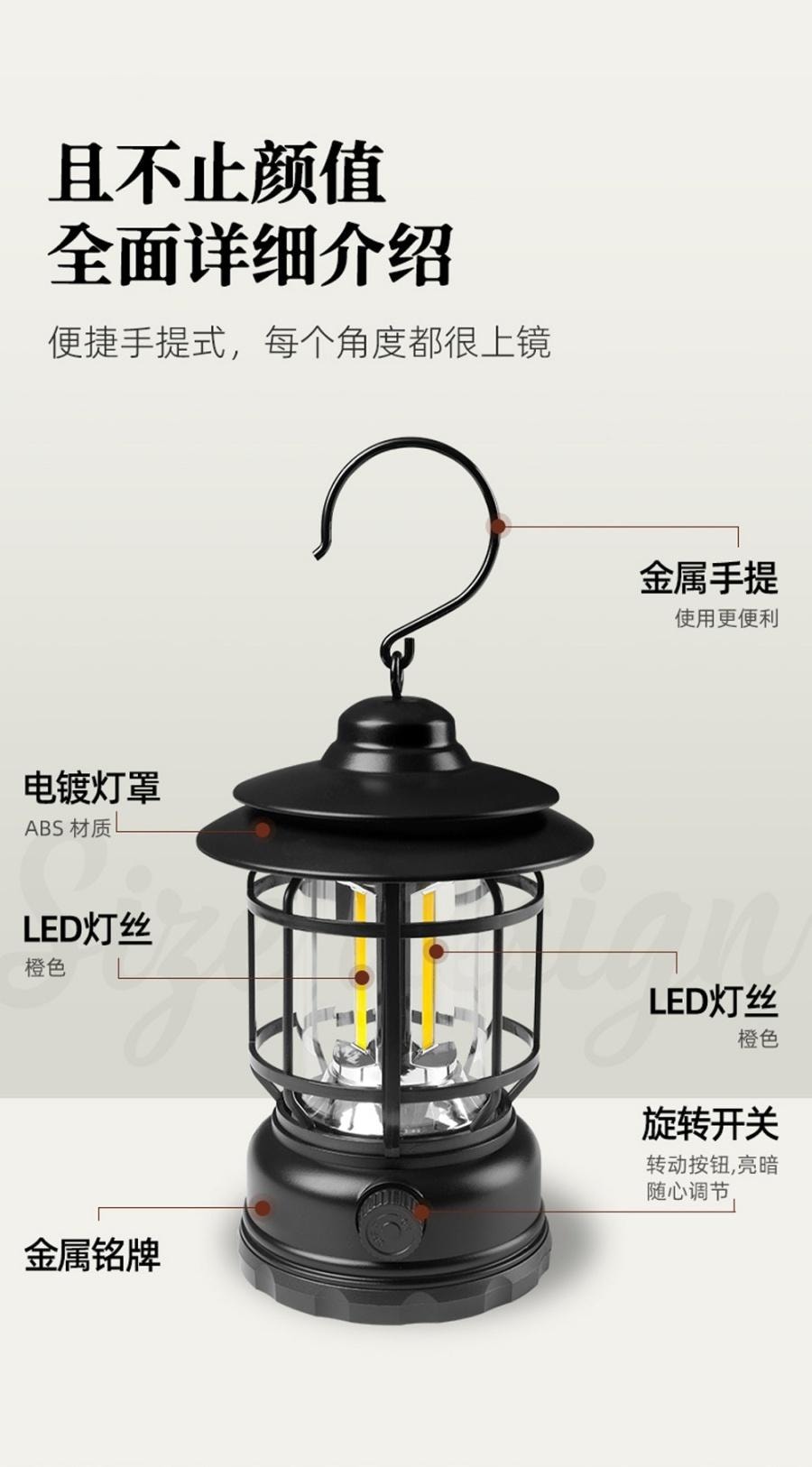 【中国直邮】 户外露营灯 手提多功能便携式LED营地灯 帐篷灯 Type-C充电 复古马灯 - 白色 1个