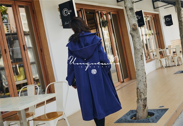 Blue Loose Hooded Double-faced Woolen Coat S