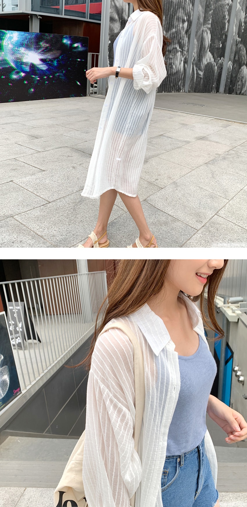 【韩国直邮】CHERRYKOKO 微透条纹宽松遮阳长连衣裙式衬衫 白色 free