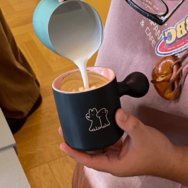 中国黑粉芭比甜心陶瓷350ml 马克杯 粉色小狗圆球手柄水杯咖啡杯子#黑粉一个装