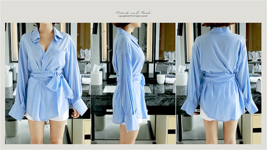 [KOREA] Oversized Button Shirt With Self-Tie #Blue One Size(S-M) [免费配送]