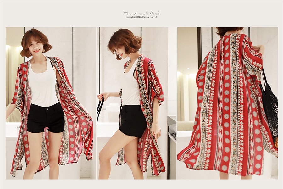 KOREA Kimono Style Ethnic Pattern Robe Cardigan #Red One Size(Free) [Free Shipping]