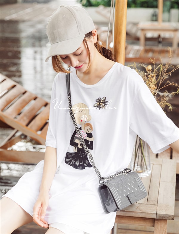 White Pure Cotton T-shirt for Girls Women Mother Holds Baby Pattern Long Tops S