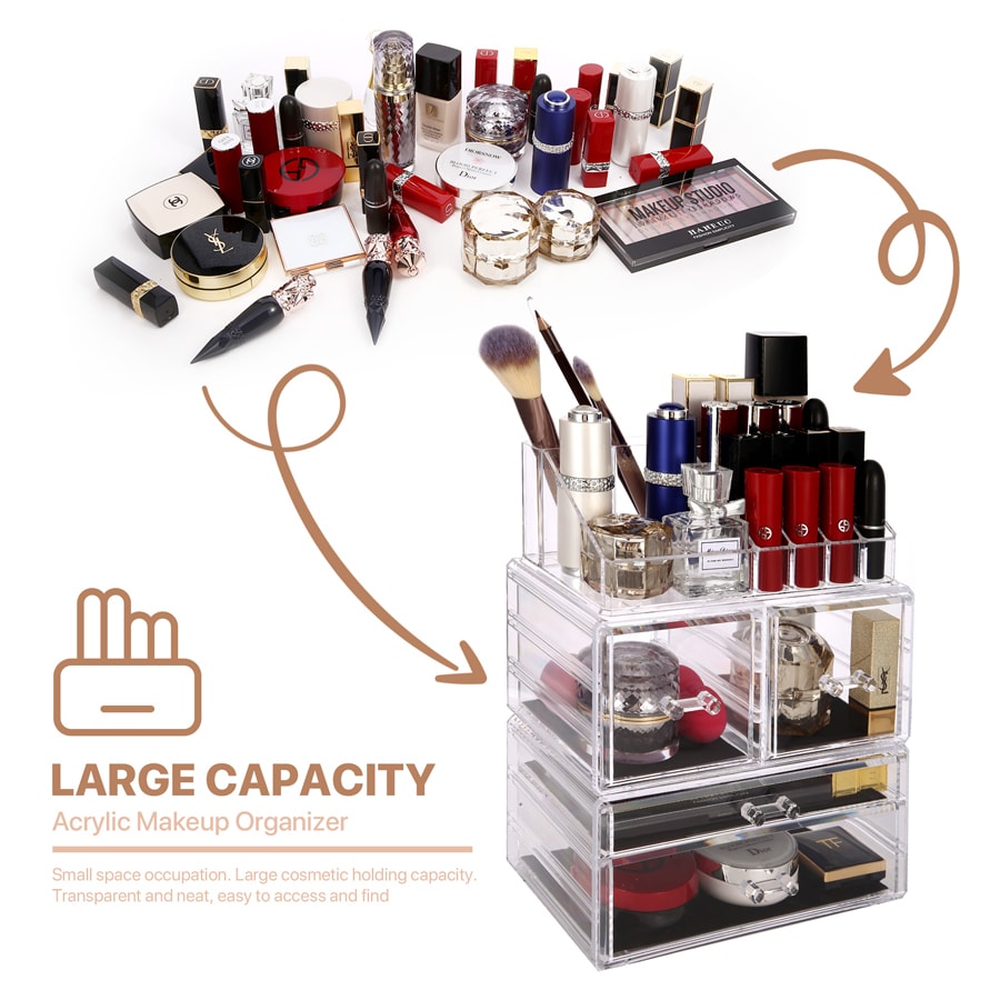 【化妆收纳】ROSELIFE [TAB]三层亚克力化妆品收纳盒首饰储物盒4个抽屉和12 + 4槽口红眉笔香水架可拆卸透明