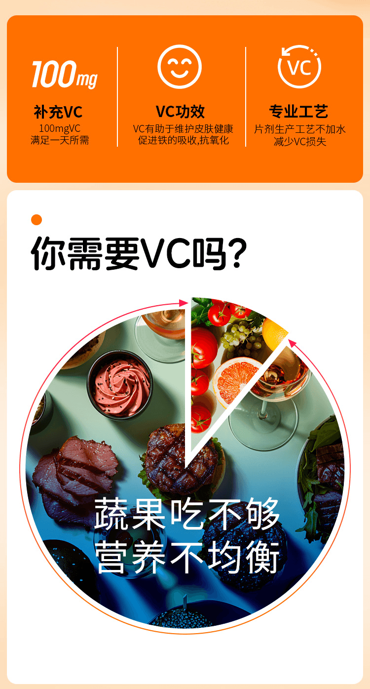 天灿维生素C片咀嚼片甜橙味30g 男女成人补充vc 可搭配烟酰胺片【每片100mg 每天一片】 - 亚米