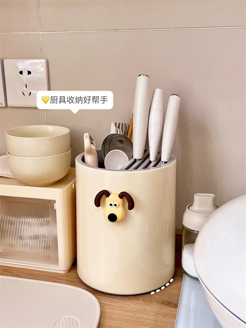 【中國直郵】 親太太 廚房旋轉置物架多功能刀筷籠刀具一體 奶油黃+狗頭貼【可旋轉】