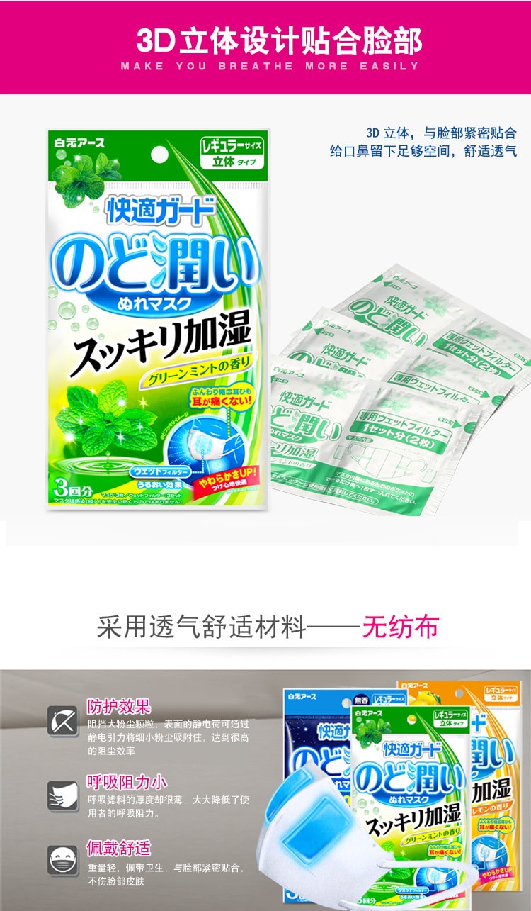 日本COTTON LABO白元株式会社 防雾霾加湿润喉口罩 #柚子柠檬味 3枚入