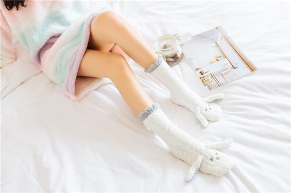独角定制 家居地板袜睡眠袜女 可爱动物兔子加厚防滑袜子 白色 1双