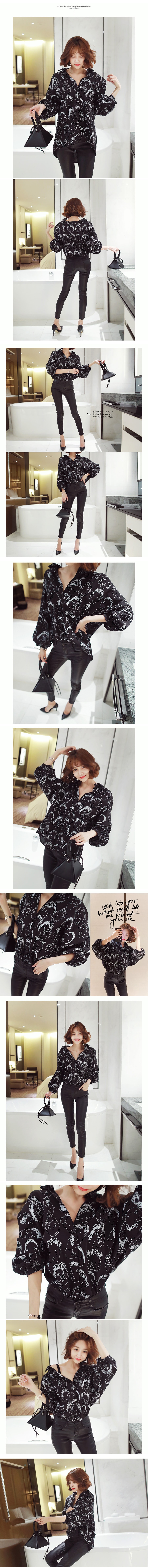 [韩国正品] Drawing Puff Sleeve Button Down Shirt #Black One Size(Free)  [免费配送]