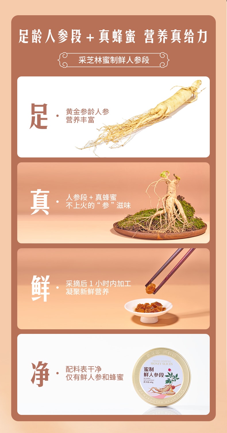 采芝林 蜜制鲜人参段 罐装60g/12包 0添加健康零食 补气滋补元气人参蜜片 即食鲜人参