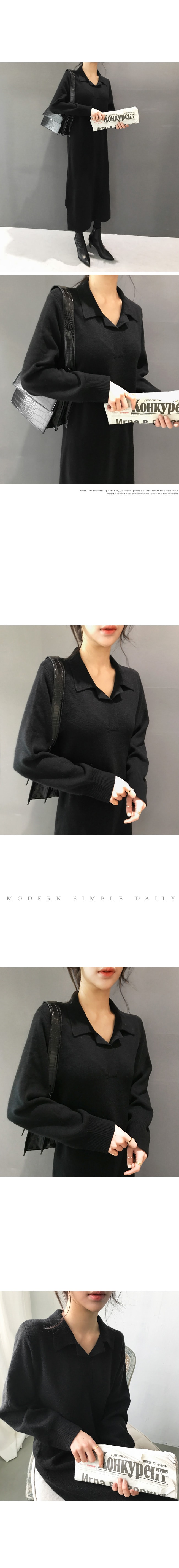 Lapel solid color long knit dress black one size